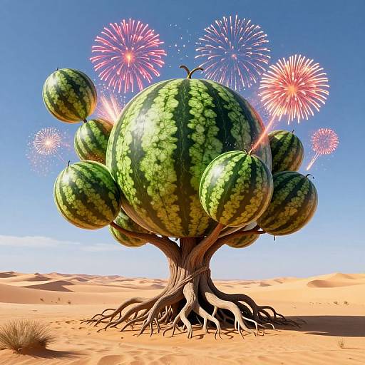 Digital artwork of a surreal watermelon tree in a desert, with large watermelons as branches and vibrant fireworks in the blue sky.