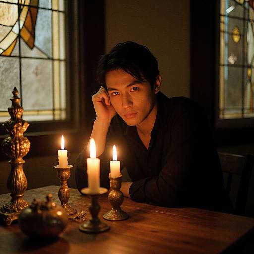 Photograph: Young Asian man with short black hair, wearing a black shirt, rests chin on hand, illuminated by three lit candles on a wooden table
