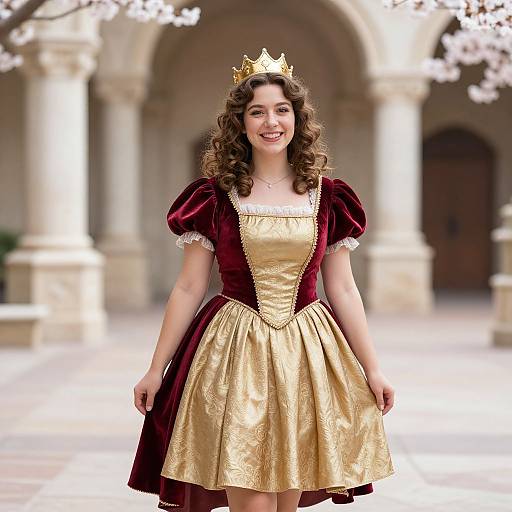Photograph of a smiling young woman with curly brown hair, wearing a gold crown, and a gold and burgundy princess dress, standing in front of