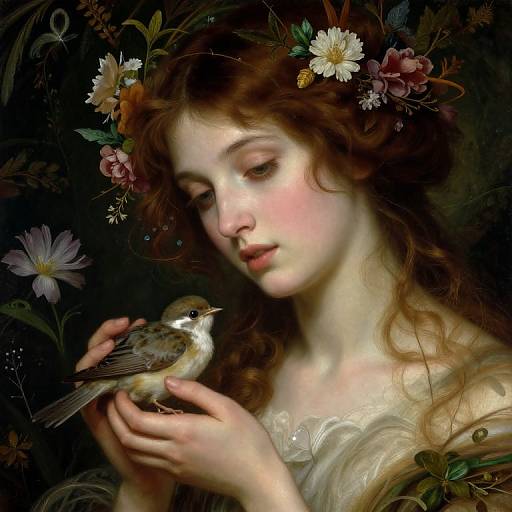 Digital painting of a fair-skinned, red-haired woman with a floral crown, gently holding a small bird against a dark, floral background.
