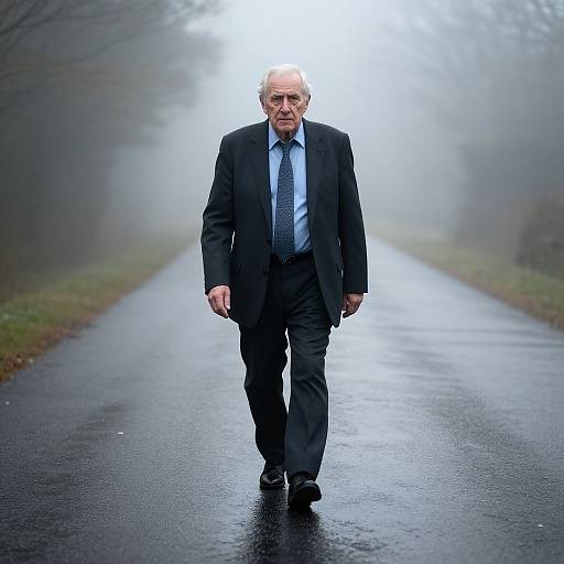 Photograph of an elderly white man in a black suit and blue tie walking alone on a foggy, wet, deserted road.