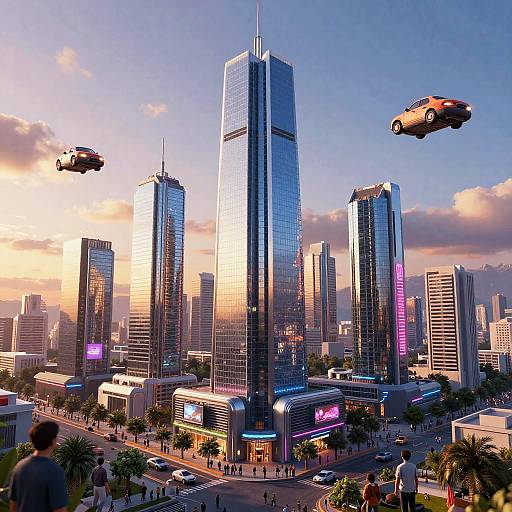 Photorealistic CGI of a futuristic cityscape at sunset, featuring towering glass skyscrapers, flying cars, neon lights, and bustling streets.