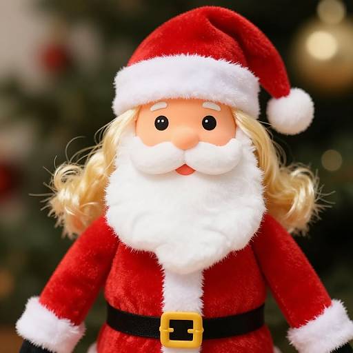 Photograph of a plush, smiling Santa Claus doll with blonde hair, red velvet suit, white trim, black belt, and Christmas tree background.