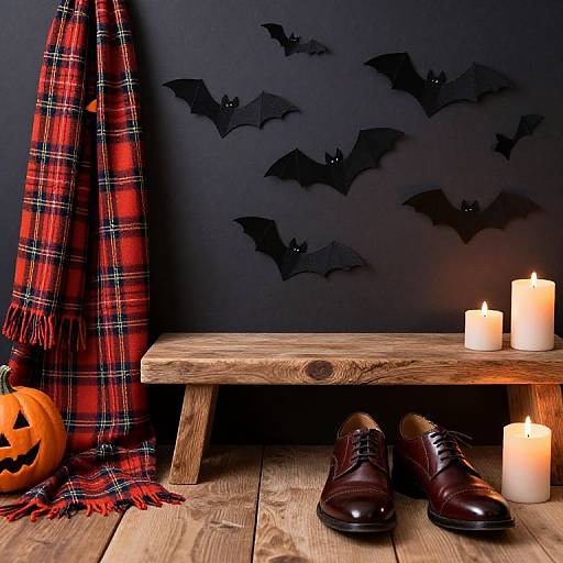 Halloween-themed photo: dark wooden bench, red plaid scarf, brown leather shoes, three glowing candles, carved pumpkin, black bat wall decals.