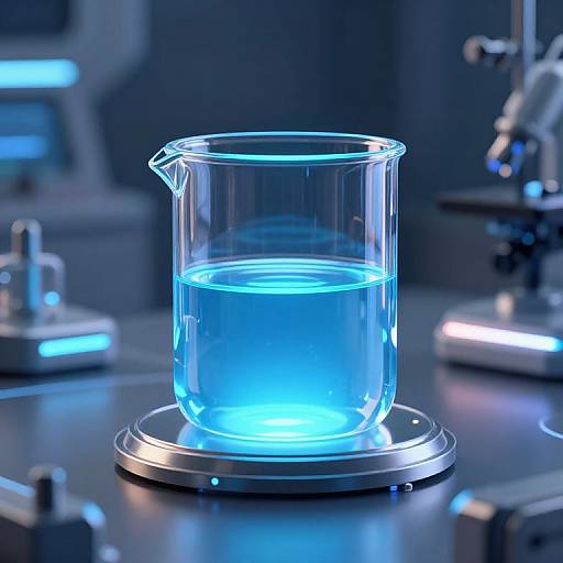 Photorealistic CGI of a glowing blue liquid in a transparent glass beaker, centered on a metallic platform, surrounded by lab equipment in a dimly