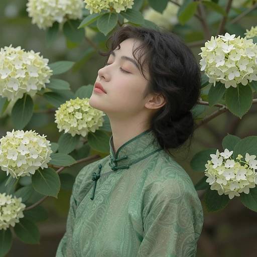 Peaceful woman in green vintage dress with hydrangeas