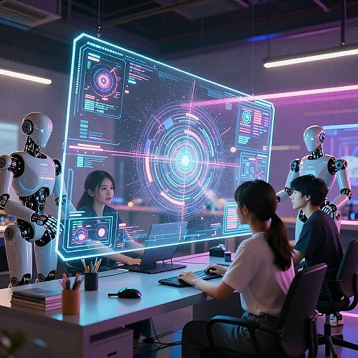 Photograph of four people, including two women and two humanoid robots, working in a futuristic, neon-lit office with a large holographic screen displaying