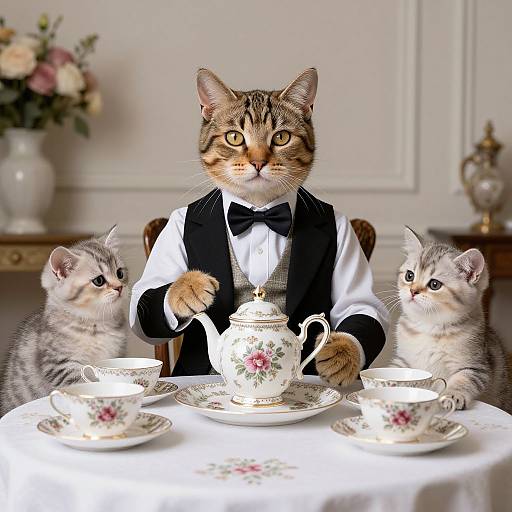 Photograph of three gray tabby kittens in formal attire, one in a black vest and bow tie, serving tea on an elegant table with floral china