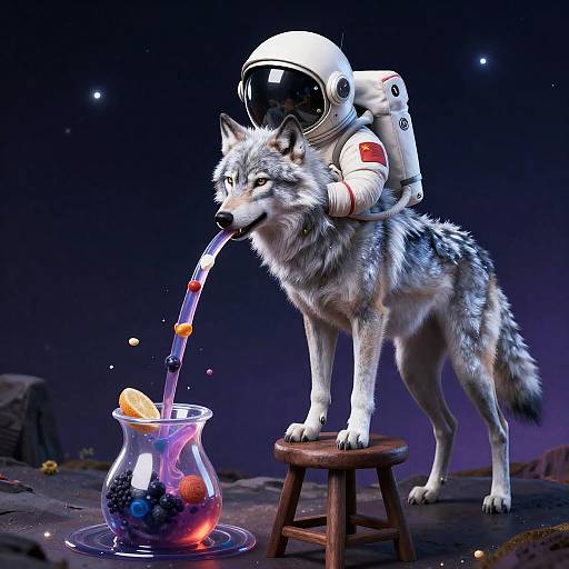 Surreal Astronaut Wolf Pouring Cosmic Jelly