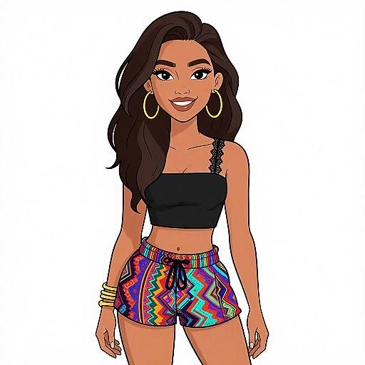 Digital illustration of a smiling woman with long dark hair, wearing a black crop top, colorful zigzag shorts, gold hoop earrings, and bracelets, against