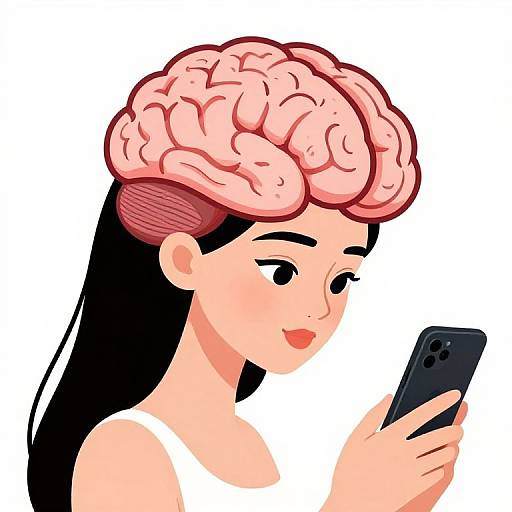 Digital illustration of a young woman with a pink brain helmet, black hair, white tank top, and smartphone, smiling.