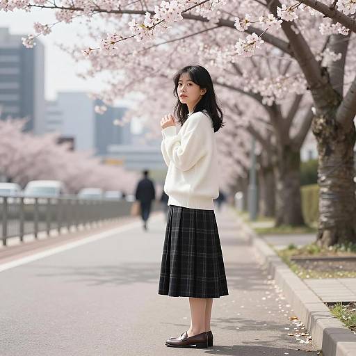 Asian Woman in Sunlit Cherry Blossom Path