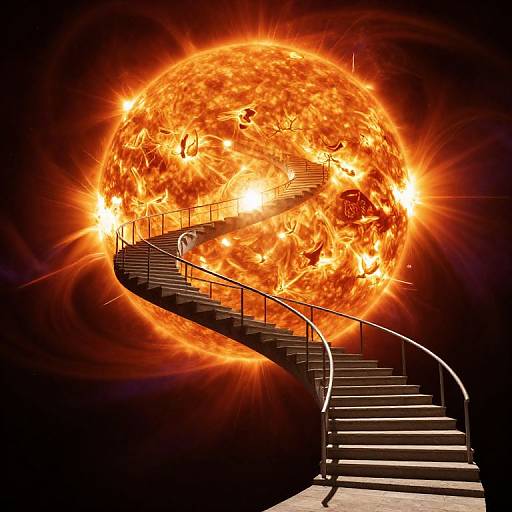 Digital artwork of a spiral staircase ascending towards a fiery, glowing sun with swirling orange and yellow flames in a black background.