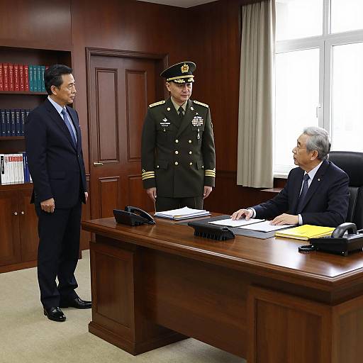 Three Men in a Wood-Paneled Office