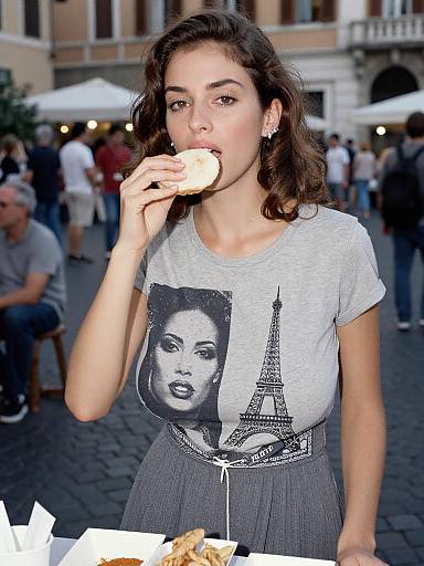 Photograph of a young woman with wavy brown hair, wearing a gray graphic t-shirt and high-waisted gray skirt, eating a croissant