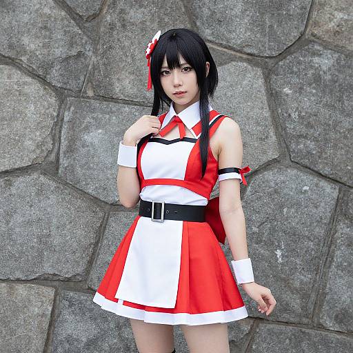 Digital anime-style photograph of a young Asian woman with black hair, wearing a red and white maid outfit, standing against a stone wall.