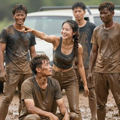Group of Mud-Covered Friends Outdoors
