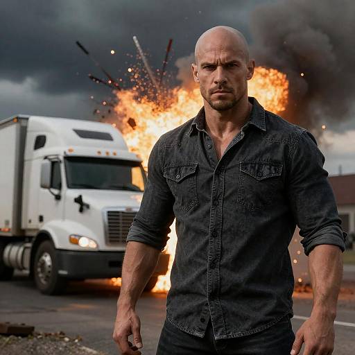 Intense Muscular Man Amidst Truck Explosion