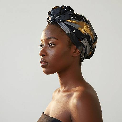 Photographic portrait of a dark-skinned woman with a stylish black, gold, and white headwrap, gazing to the left, against a white