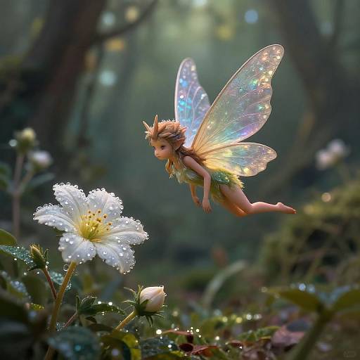 Photorealistic digital artwork of a fairy with iridescent wings, blonde hair, and green dress, flying over a glowing white flower in a lush