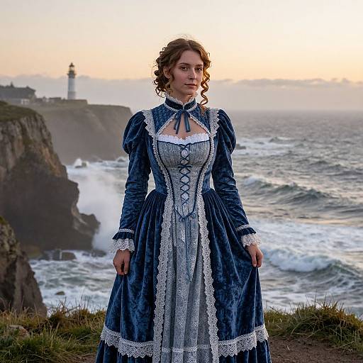 Photograph of a curly-haired woman in a blue Victorian-style dress with white lace standing on a cliff overlooking a stormy ocean and lighthouse at sunset