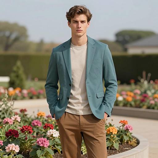 Young Man in Teal Blazer in Garden