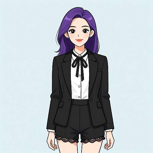 Anime-style digital drawing of a smiling woman with purple hair, wearing a black blazer, white shirt, black tie, and black shorts with lace trim
