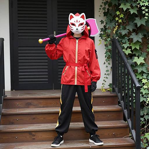 Anime-Inspired Character on Wooden Steps