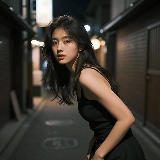 Photograph of an Asian woman with long black hair, wearing a black sleeveless dress, leaning forward in a dimly lit urban alley at night,