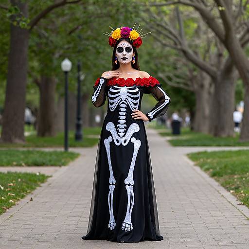 Photograph of a woman in a skeleton-themed Day of the Dead dress with red floral off-shoulder, skull face paint, and red-orange flower