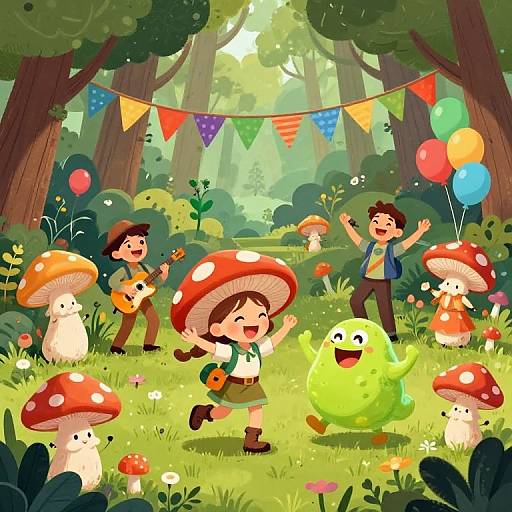 Whimsical forest scene: children play with mushrooms, balloons, and a green ghost; colorful bunting above; guitarist in background; vibrant, cartoon