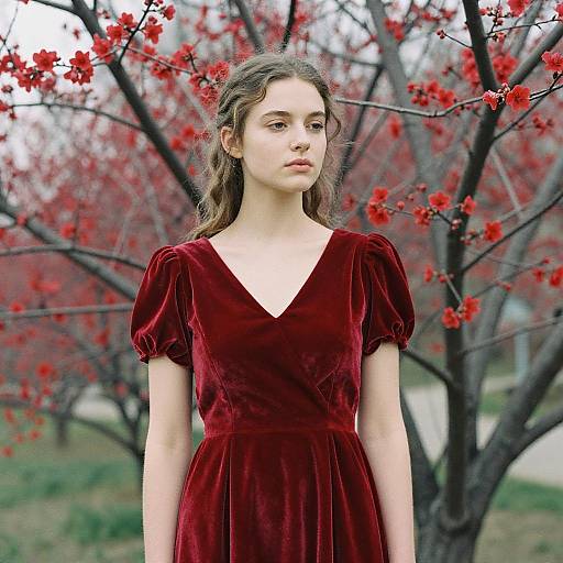 Elegant Woman in Red Velvet Dress