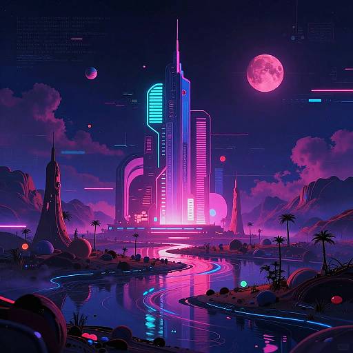 Neon-lit futuristic cityscape with towering blue and pink skyscrapers, a glowing full moon, and vibrant, reflective waterways under a star