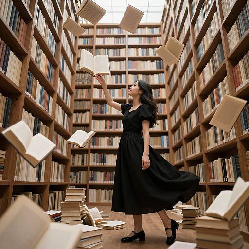 Photograph of a woman in a black dress and heels, holding up a flying book in a library aisle with floating books and shelves filled with books.