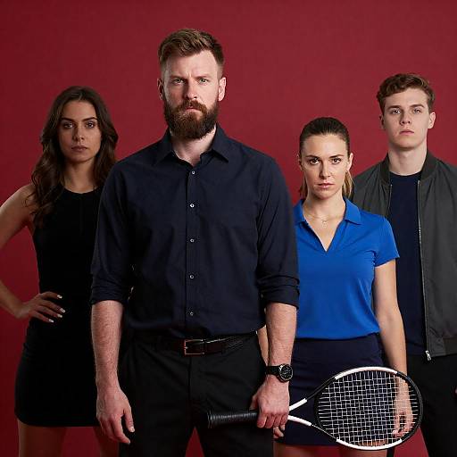 Dynamic Group Portrait Against Red Background