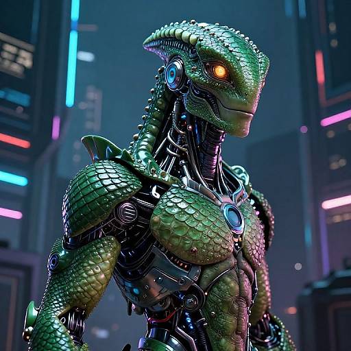 CGI sci-fi robot with green, scale-like armor and glowing orange eye, set against a neon-lit, futuristic cityscape background.