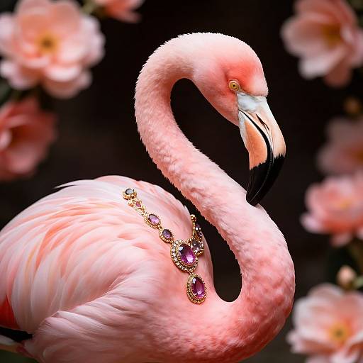 Photorealistic digital art of a pink flamingo with a jeweled necklace, set against a blurred floral background. The flamingo's feathers are detailed