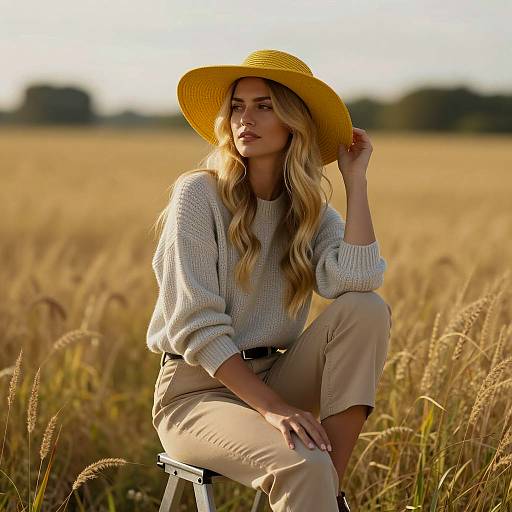 Woman in Yellow Sunhat Sitting in Golden Field