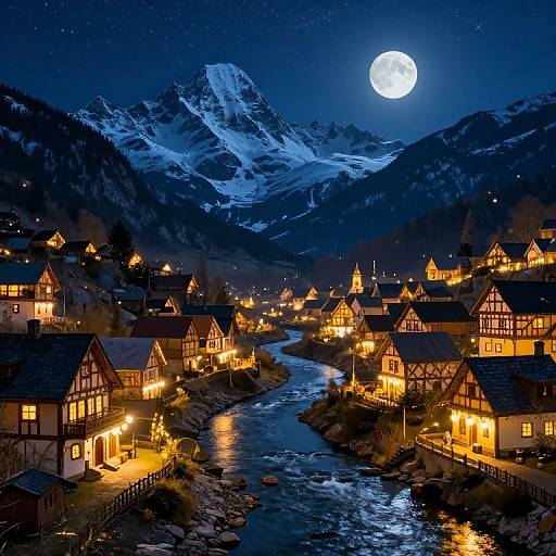 Photograph of a snow-capped mountain under a full moon, illuminating a quaint village with lit, medieval-style houses and a winding river reflecting the