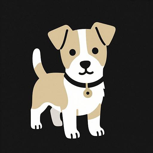 Digital illustration of a cute, cartoon-style puppy with beige and white fur, black nose, and collar, standing on a black background.