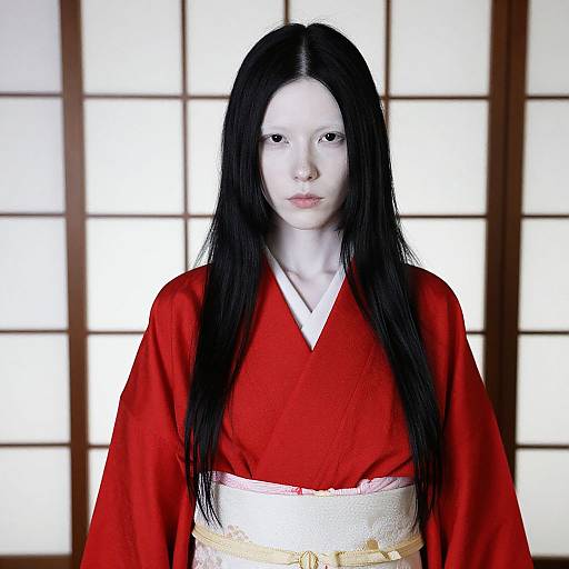 Photograph of an East Asian woman with pale skin, long black hair, wearing a red kimono with a white and yellow obi, standing in