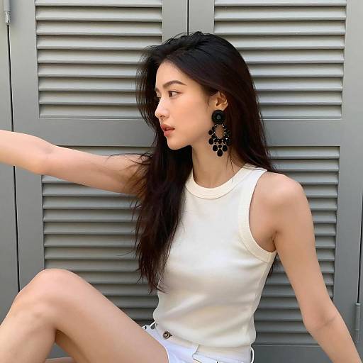 Woman in White Sleeveless Top with Black Chandelier Earrings