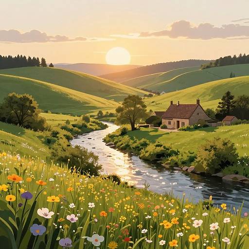 Digital illustration of a serene countryside at sunset, featuring a flowing river, colorful wildflowers, rolling green hills, and a small brown house with a red