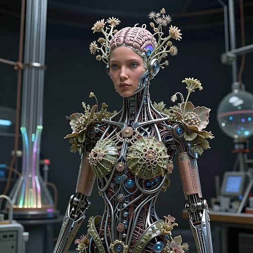 CGI image of a futuristic, female android with intricate mechanical and floral designs, standing in a dark, high-tech laboratory.
