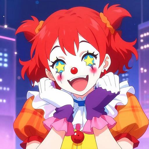 Colorful anime-style drawing of a cheerful clown girl with red pigtails, yellow star-shaped eyes, and a vibrant orange outfit. She smiles widely