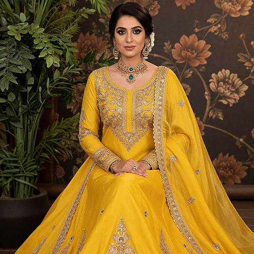 Photograph of a beautiful South Asian woman in a vibrant yellow traditional lehenga, adorned with gold embroidery, sitting against a floral-patterned dark background with