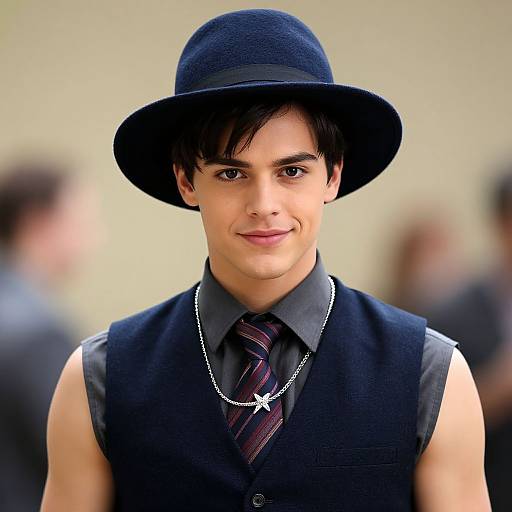 Photograph of a young man with fair skin, dark hair, wearing a black hat, sleeveless black vest, striped tie, star necklace, and