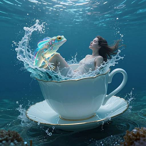 Photographic surrealism: Woman in white dress in large teacup, surrounded by splashing water, underwater with iridescent fish, blue-l