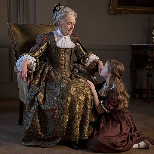 Photograph of elderly woman in ornate, gold-embroidered Renaissance dress, seated, smiling, as young girl in brown dress kneels,