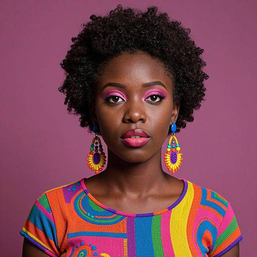 Photograph of a dark-skinned woman with curly black hair, wearing colorful geometric-patterned dress and vibrant pink eye makeup, against a purple background.